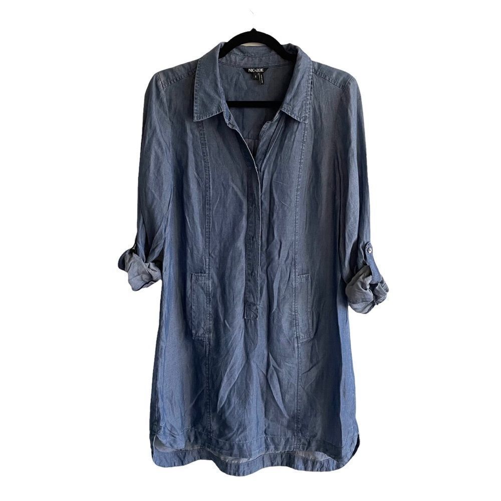 NIC + ZOE Chambray Tunic Mini Dress Shirtdress Coverup Blue Small